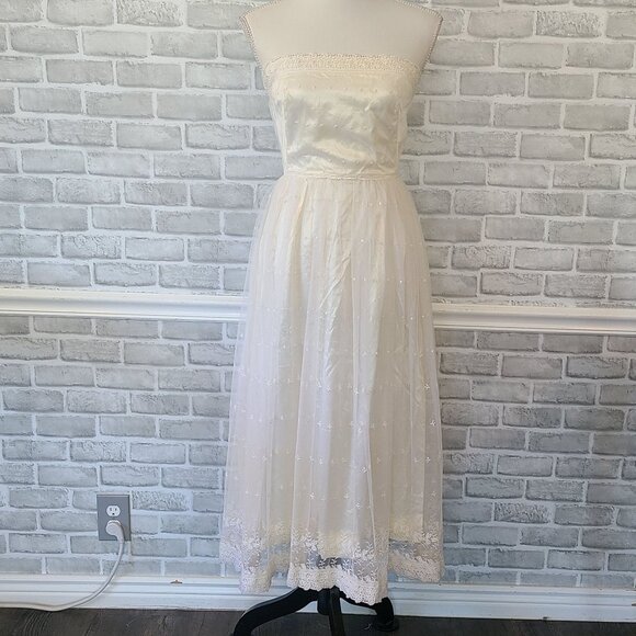 Vintage Handmade Satin Lace Sleeveless Tea Length Wedding Dress Cocktail Prom - Picture 1 of 12